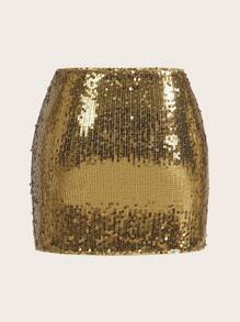 SHEIN ICON Women Sparkly Sequin Decorated Simple A-Line Skirt, Casual Everyday Wear