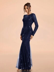 SHEIN Belle 女士圆领长袖美人鱼下摆亮片装饰正式晚礼服，优雅晚会舞会礼服，婚礼宾客礼服，派对礼服 - 藍色 - 查看 4