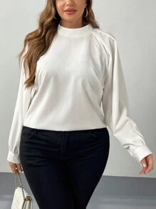 SHEIN Privé 大码女式优雅褶皱纹理雪纺面料休闲白色长袖衬衫，适合工作 - 白色 - 查看 4