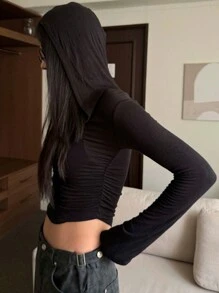 DAZY 女士纯色修身连帽短款长袖上衣，春夏 - 黑色 - 查看 2