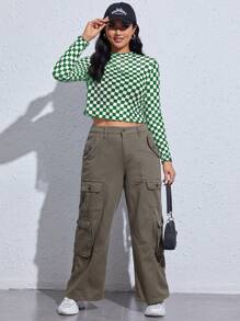 SHEIN EZwear Parte superior recortada de malla con estampado de cuadros verdes y blancos, tallas grandes, para el verano