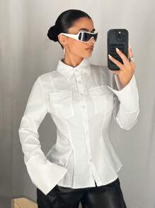 SHEIN ICON Camisa de manga larga con rayas para mujer, con bolsillos, bajo con abertura y cintura ajustada, para otoño