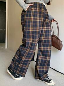 Dazy Plus Plus Size Elastic Waist Drawstring Loose Plaid Casual Pants, Suitable For All Seasons Fall