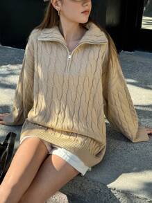 INAWLY Damen einfarbiger Reißverschluss Vorne Langarm Minimalistischer Pullover, Lässig Tägliches Tragen Strickpullover Herbst Winter - Aprikosenfarben - Übersicht 7