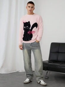 Manfinity VCAY Jersey holgado suéter de cuello redondo con gráfico de gato negro unisex, adecuado para otoño e invierno - Rosa - Ver 5