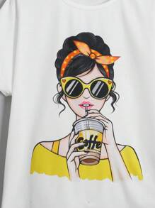 Tween Girl Casual Fashionable Cartoon Character Graphic Print Crew Neck Top - White - View 4