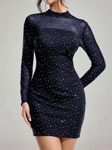 SHEIN Belle Damen stehkragen langarm minimalistisches elegantes kurzes cocktailkleid, hochzeitsgast kleid