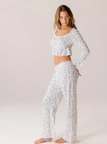 Aralina Feminine Soft Printed Pointelle Lace Trim Lounge Pajama Set - Baby Blue - View 6