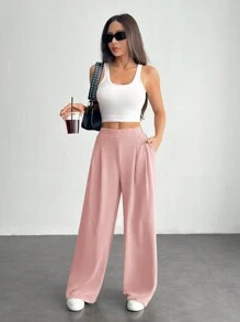 SHEIN PETITE Women's Solid Color Simple Daily Basic Pants - Dusty Pink - View 4