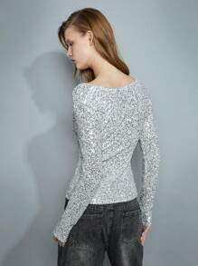 Maija Blouse de fête à col bénitier, manches longues côtelées, à paillettes argentées brillantes pour femme, Saint-Valentin, festival
