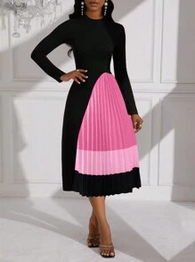 Lyxana Vestido de punto midi con pliegues y empalmes para mujeres