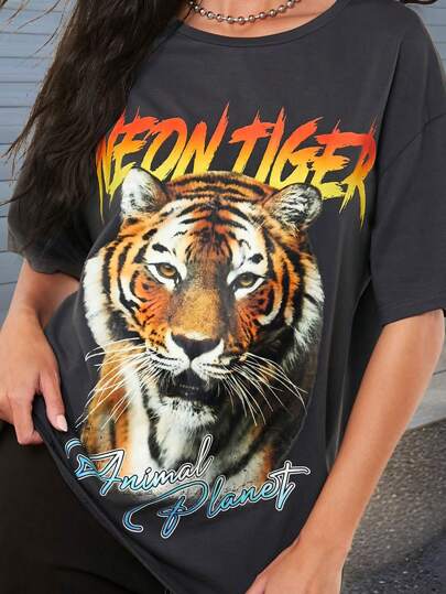 Animal Planet X SHEIN Women's Casual Tiger Graphic Round Neck Animals Short Sleeve T-Shirt,Spring/Summer