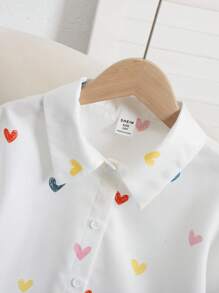 SHEIN Cămașă casual cu imprimeu inimă pentru fete Tween, potrivită pentru Ziua Îndrăgostiților