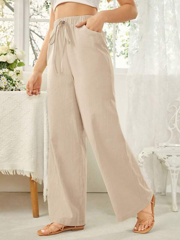 SHEIN Essnce Women's Solid Color Lace-Up Pocket Minimalist Long Pants, Casual For Daily Wear