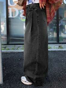 DAZY 女式复古破洞直筒牛仔裤，四季皆宜，宽松牛仔裤 - 黑色 - 查看 2