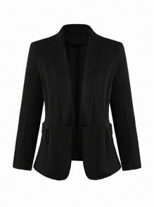 SHEIN Clasi Jachetă blazer tricotată neagră pentru femei de mărime mare și rochie de culoare contrastantă fără mâneci, ținută elegantă cu design de petrecere pentru femei - Negru - Vizualizare 3