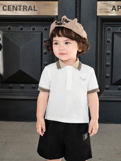 SHEIN 男婴/女婴休闲可爱针织拼色长袖 Polo 衫，适合幼儿园，春夏季