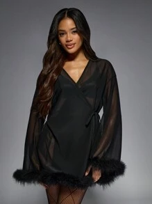 MISSGUIDED Sheer Mesh Robe Marabou Feather Trim Long Sleeve Wrap Style Lounge Wear Intimate Nightwear Fall Winter Holiday Gift - Black - View 1