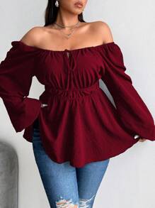 Sunspun Plus Size Drawstring & Elastic Waist Front Button Long Sleeve Shirt Peplum Top Fall Cloth For Women - Burgundy - View 6