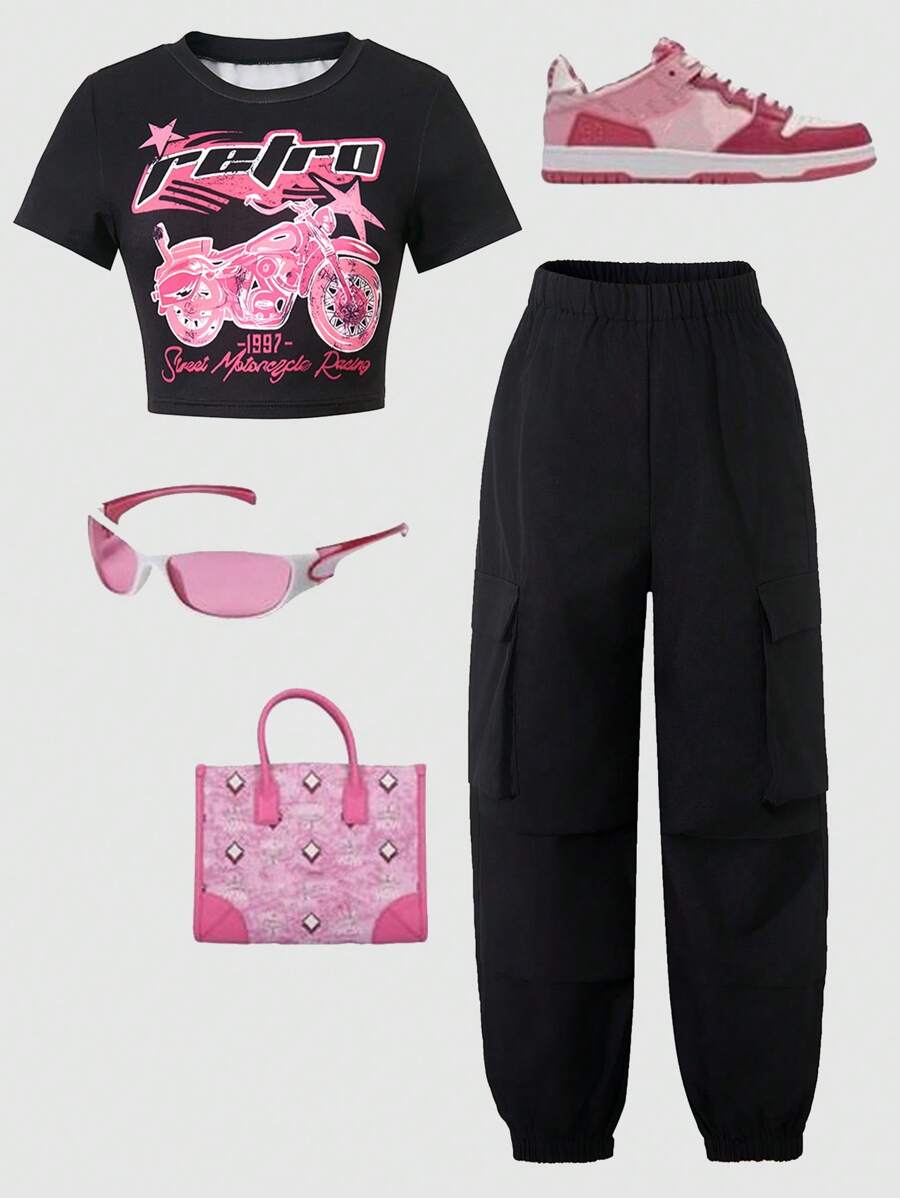 SHEIN Explorewe 青少年女孩春夏款休閒摩托車字母印花短袖上衣和純色貨物長褲套裝 - 黑色 - 查看 1