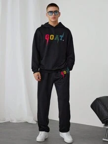 Manfinity VCAY 2 Pieces Set Letter Print Loose Drop Shoulder Hooded Sweatshirt And Mid-Rise Drawstring Pants, Knit Casual Outfit, For Fall Winter - Black - View 1