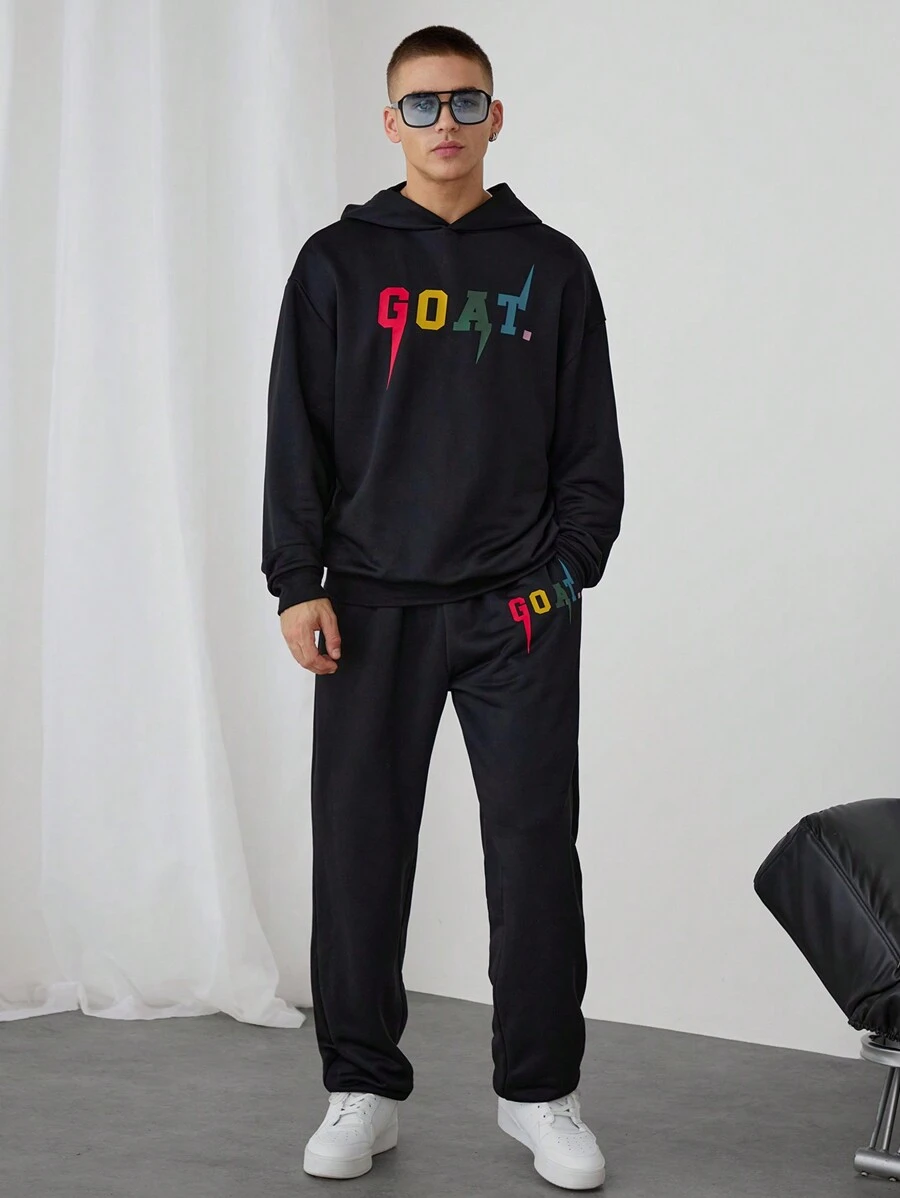 Manfinity VCAY 2 Pieces Set Letter Print Loose Drop Shoulder Hooded Sweatshirt And Mid-Rise Drawstring Pants, Knit Casual Outfit, For Fall Winter - Black - View 1