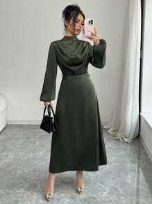 Elenzga Vestido de mujer elegante de satén brilloso con pliegues, cuello drapeado, manga larga y campana, para primavera y otoño