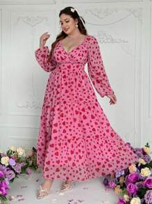 Flirla 大码雪纺刺绣花卉印花连衣裙，带有情人节、玫瑰、心形、波尔卡圆点、爱心、嘴唇、丘比特、88D 花朵图案 - 粉色 - 查看 6