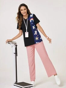 TaskEZ Solid Color Splicing V-Neck Short Sleeve Casual Scrub Uniform Top Nurse Dresses Scrub Tops Scrub Bottoms Lab Coats Scrub Outwear Running Nurse & Uniform Scrubs Handwashing Pocketed Breathable