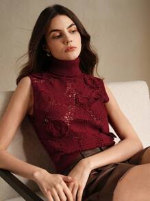 Anewsta 优雅高领镂空花卉3D装饰无袖针织背心，女士新年款