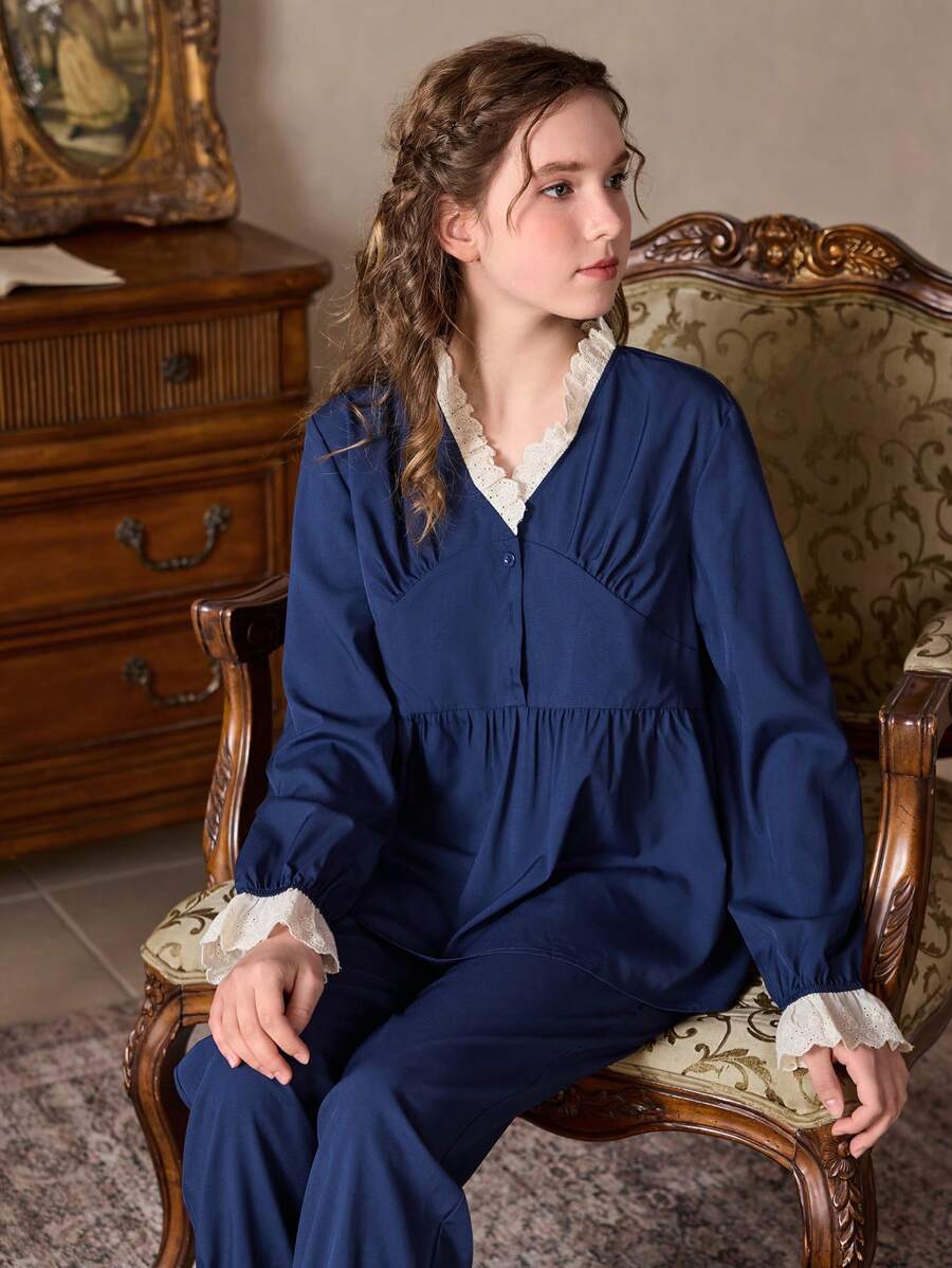 SHEIN 少女纯色海军蓝两件套睡衣套装，蕾丝撞色长袖上衣和长裤，休闲家居服