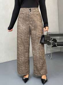 SHEIN Privé Plus Size Women Comfortable Casual Elegant Button Denim Effect Polyester PU Leather Pants For Party,Modern Music Festival, Autumn/Winter - Brown - View 1