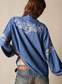 Bohemela BOHO 牛仔女式休闲纯色牛仔水洗刺绣翻领宽松长袖衬衫