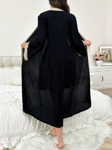 2pcs Set: Contrast Color Lace Deep V-Neck Jacquard Camisole Nightdress And Long Sleeve Robe - Black - View 3