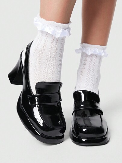 Goth French Sexy Elegant Pumps For Women 2023 Spring New Square Toe Thick Heel Enamel Patent Leather Backless Versatile Loafers For Christmas And New Year Holiday Vibe Fall And Winter