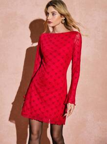Poéselle Women Short Casual Solid Color Long Sleeve Dress, Simple And Fashionable For Daily Wear,Valentine's Day Dress,Red Dress