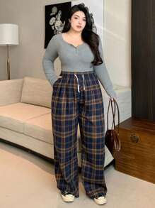 Dazy Plus Plus Size Elastic Waist Drawstring Loose Plaid Casual Pants, Suitable For All Seasons Fall