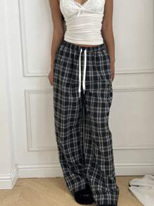 CovetEZ Pantalones holgados de talla grande para mujer con cordón en la cintura y estampado de cuadros, aptos para otoño/invierno