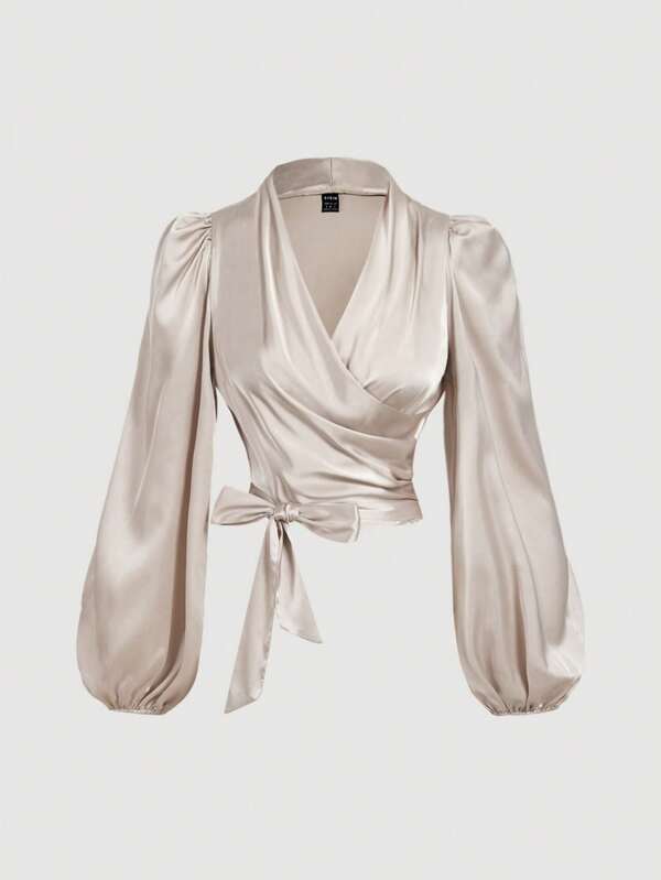 SHEIN MOD Women's Apricot Wrap-Around Tie-Up Bow Batwing Sleeve Blouse,Women Shirts,Glittery Blouse,New Years Top