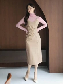 DAZY Đầm midi xếp ly phối ren PU trơn màu cho nữ, quần áo mùa thu - Màu be - Xem 8