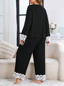 Plus Size Lace Collar Patchwork Long Sleeve Pajama Set