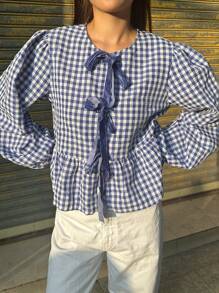 SHEIN EZwear Plus Size Blue And White Gingham Top With Velvet Bowknot And Ruffle Hem - Blue and White - View 4