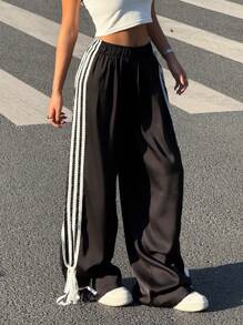 SHEIN EZwear 女士纯色松紧腰休闲阔腿裤 - 棕色 - 查看 5