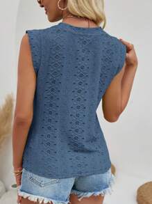 SHEIN LUNE Women's Solid Color Burnout Embroidery Crew Neck Loose Casual T-Shirt