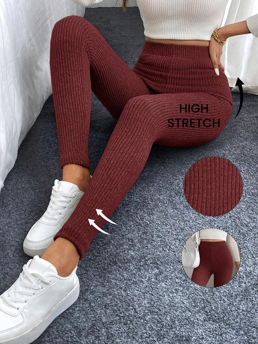 Easowa Quần legging nữ cạp cao, chất liệu nỉ gân, kiểu dáng thường ngày, phù hợp bốn mùa. - Màu Đỏ Sâu - Xem 1