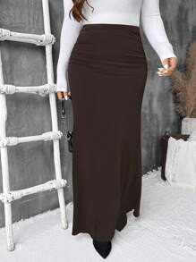 SHEIN VCAY 大码优雅浪漫复古 A 字形针织长裙，适合派对 - 棕色 - 查看 3