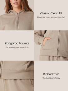 GLOWMODE Sudadera con capucha con cremallera de manga larga y bolsillo tipo canguro, de felpa para uso diario y casual en otoño e invierno - Caqui - Ver 3