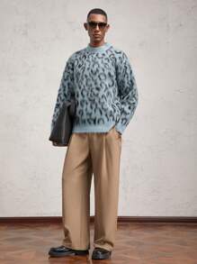 AKNOTIC Business Casual Áo len dệt kim tay dài cổ tròn họa tiết da báo rộng rãi cho nam, dành cho mùa thu đông - Màu xanh lam - Xem 9