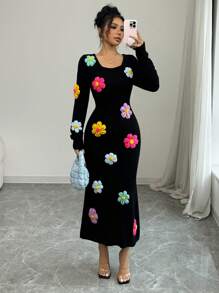 Rafferiza Women Crocheted Floral Pattern Long Sweater Dress Fall Winter Cloth For Women - Black - View 4