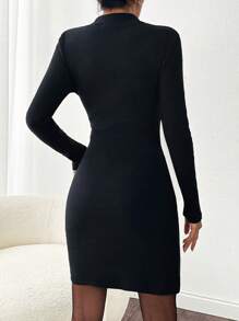EURMUSE Asymmetrical Gold Button Designed Black Long Sleeve Turtle Neck Midi Dress - Black - View 2